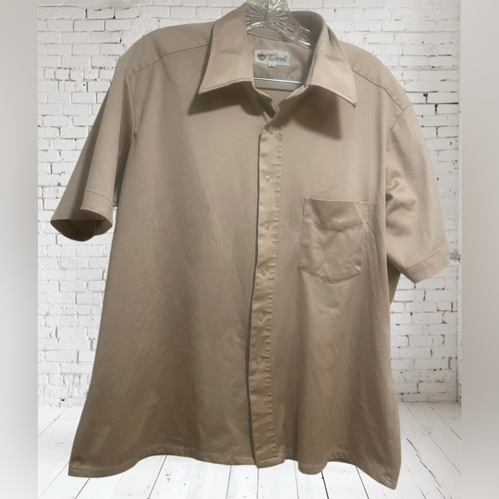 Vintage 70s Permanant Press Butter Satiny Tan Button Up SS Shirt Sz XL Neutral